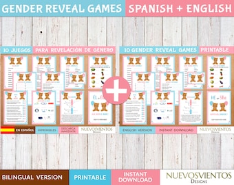 Bear theme gender reveal bilingual - Spanish and English games printable (digital download)