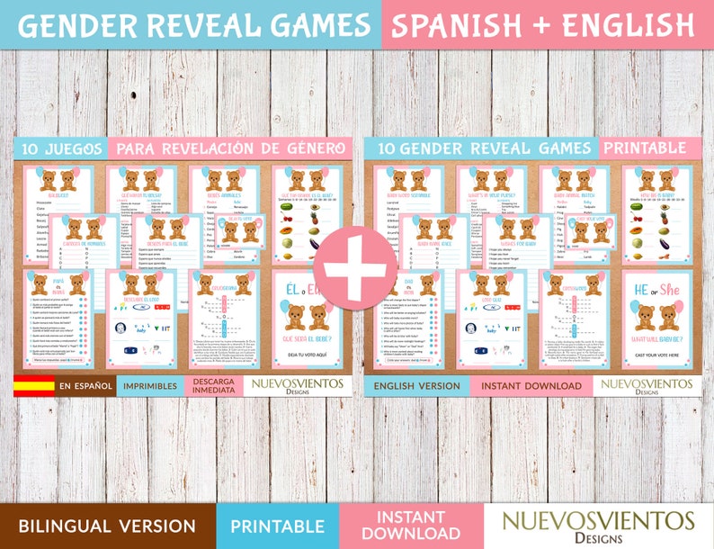 Révélation du genre sur le thème de l'ours bilingue - Jeux en espagnol et anglais à imprimer (téléchargement numérique) image 1