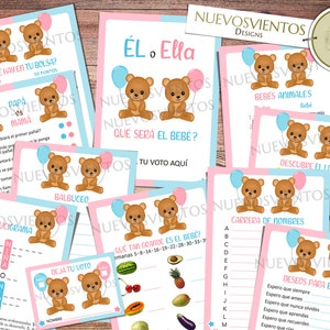 Peut inclure: Un ensemble de cartes de jeu de baby shower imprimables avec de jolis ours en peluche avec des ballons. Les cartes comprennent des jeux comme "Qu'y a-t-il dans votre sac ?", "Devinez le nom du b&eacute;b&eacute;" et "Bingo des animaux b&eacute;b&eacute;s".