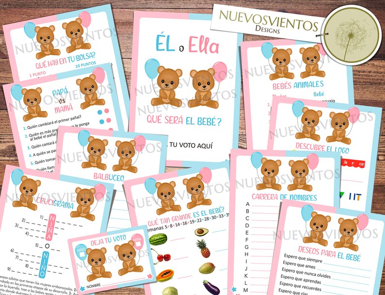 Peut inclure: Un ensemble de cartes de jeu de baby shower imprimables avec de jolis ours en peluche avec des ballons. Les cartes comprennent des jeux comme "Qu'y a-t-il dans votre sac ?", "Devinez le nom du b&eacute;b&eacute;" et "Bingo des animaux b&eacute;b&eacute;s".