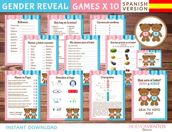Teddy bear gender reveal Spanish printable. Bundle x 10 games + Answer keys. instant download. Il_570xn