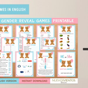 Peut inclure: Jeux de r&eacute;v&eacute;lation de sexe imprimables avec un th&egrave;me rose et bleu. Les jeux pr&eacute;sentent de jolis oursons et des ballons de dessin anim&eacute;. Les jeux comprennent&nbsp;: Baby Word Scramble, What's in Your Purse?, Baby Animal Match, How Big is Baby?, Baby Name Race, Wishes for Baby, Dad or Mum, Crosswords, He or She, et Word Quiz. Les jeux sont en anglais.