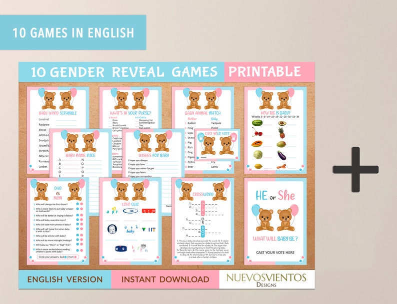 Peut inclure: Jeux de r&eacute;v&eacute;lation de sexe imprimables avec un th&egrave;me rose et bleu. Les jeux pr&eacute;sentent de jolis oursons et des ballons de dessin anim&eacute;. Les jeux comprennent&nbsp;: Baby Word Scramble, What's in Your Purse?, Baby Animal Match, How Big is Baby?, Baby Name Race, Wishes for Baby, Dad or Mum, Crosswords, He or She, et Word Quiz. Les jeux sont en anglais.