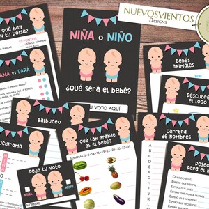 May include: A set of printable baby shower game cards with a black chalkboard background and pink and blue accents. The games include "What's in your bag?", "Mom vs. Dad", "Baby Animal Bingo", "Guess the Baby's Gender", "Baby Name Race", "How Big is the Baby?", "Baby Wishes", and "Crossword Puzzle".