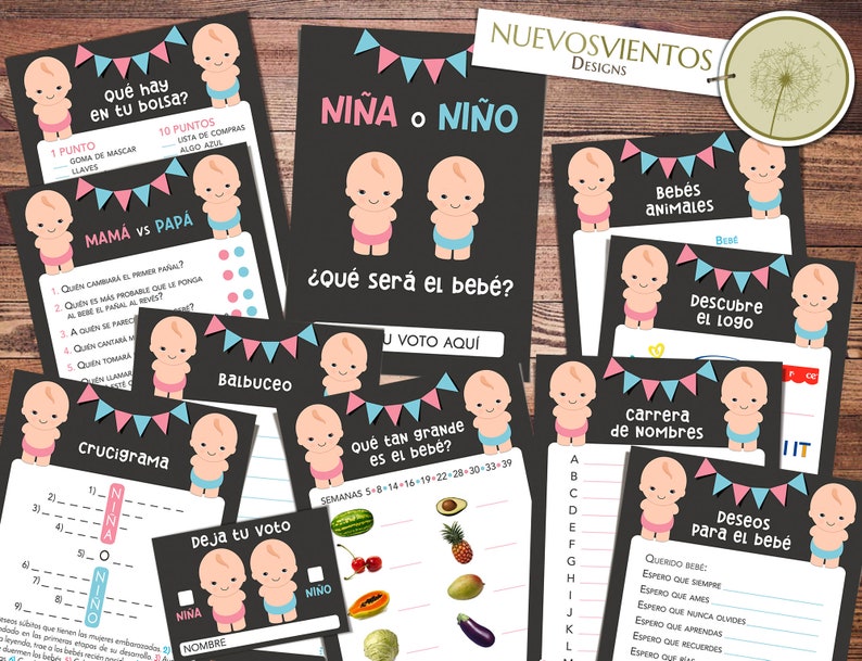 May include: A set of printable baby shower game cards with a black chalkboard background and pink and blue accents. The games include "What's in your bag?", "Mom vs. Dad", "Baby Animal Bingo", "Guess the Baby's Gender", "Baby Name Race", "How Big is the Baby?", "Baby Wishes", and "Crossword Puzzle".