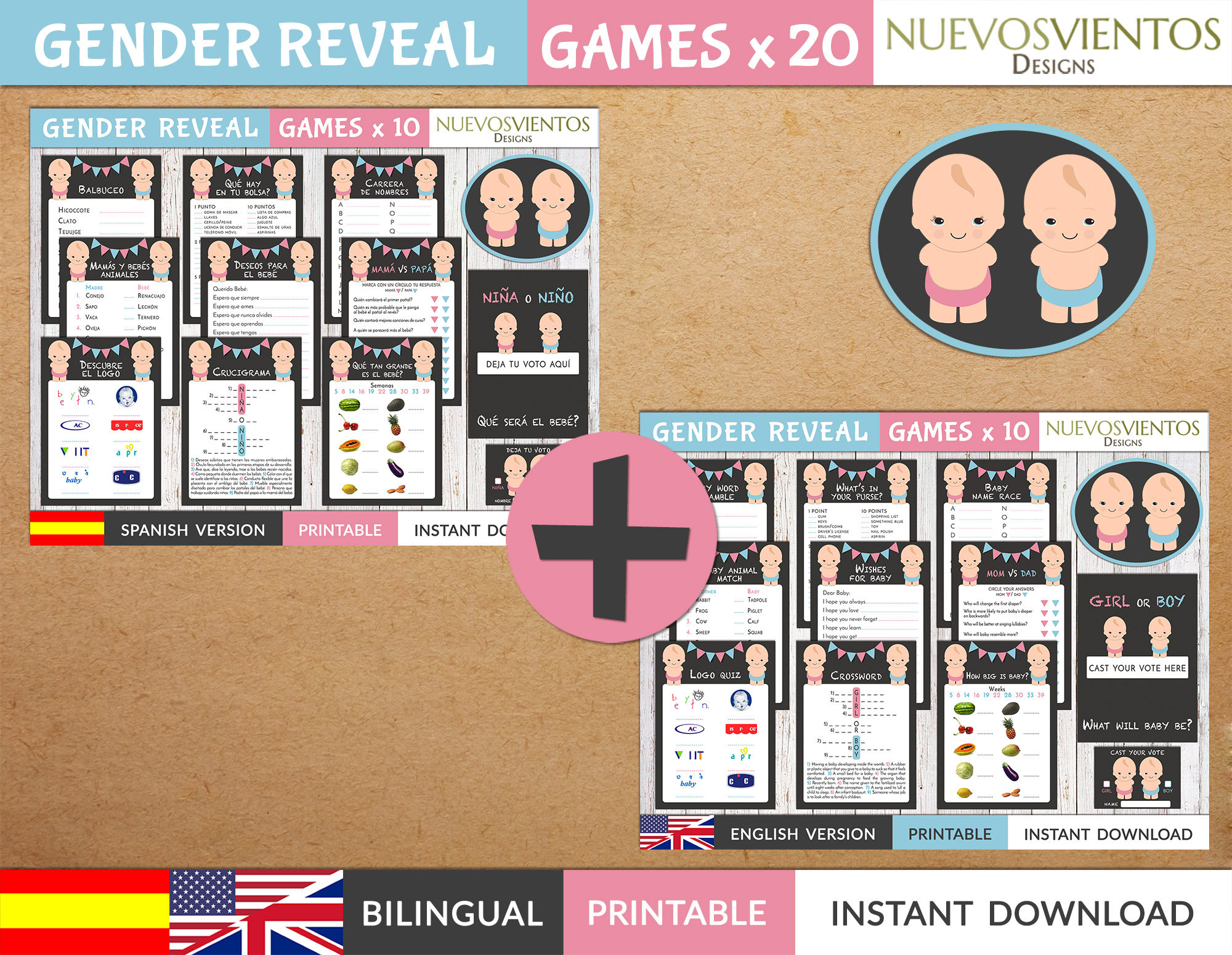 bilingual gender reveal games printable spanish and english etsy