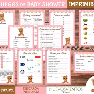 Paquete de 10 juegos de baby shower en español para imprimir, en tonos de rosa con un dibujo de una osita con una cobija rosa. Incluye respuestas y es de descarga inmediata.