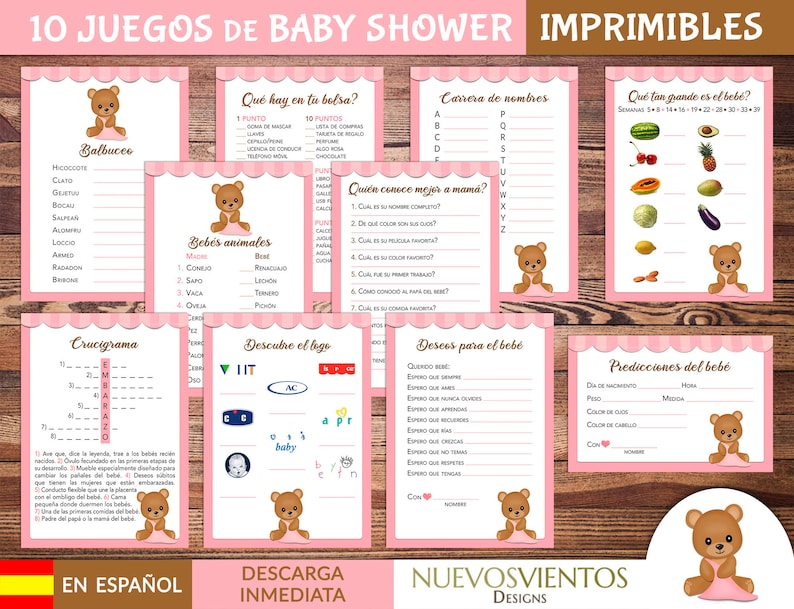 Paquete de 10 juegos de baby shower en español para imprimir, en tonos de rosa con un dibujo de una osita con una cobija rosa. Incluye respuestas y es de descarga inmediata.