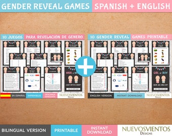 Baby reveal games in Spanish and English, BILINGUAL gender reveal games printable.