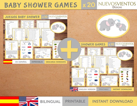 Spanish and english yellow elephant baby shower games printable. Instant download. Il_570xn