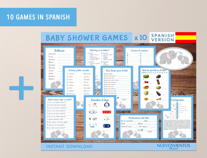 instant download. ELEPHANT theme Spanish and english baby shower game set printable