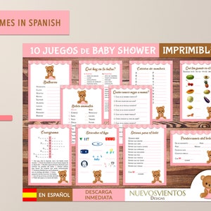 May include: Ten printable baby shower games in Spanish, featuring a pink and brown colour scheme with a teddy bear illustration. The games include "Balbuceo", "Beb&eacute;s animales", "Cracigrama", "Descubre el logo", "Qu&eacute; hay en la bolsa", "Carrera de nombres", "Qui&eacute;n conoce mejor a mam&aacute;", "Qu&eacute; tan grande es el beb&eacute;", "Dresses para el beb&eacute;", and "Predicciones del beb&eacute;".
