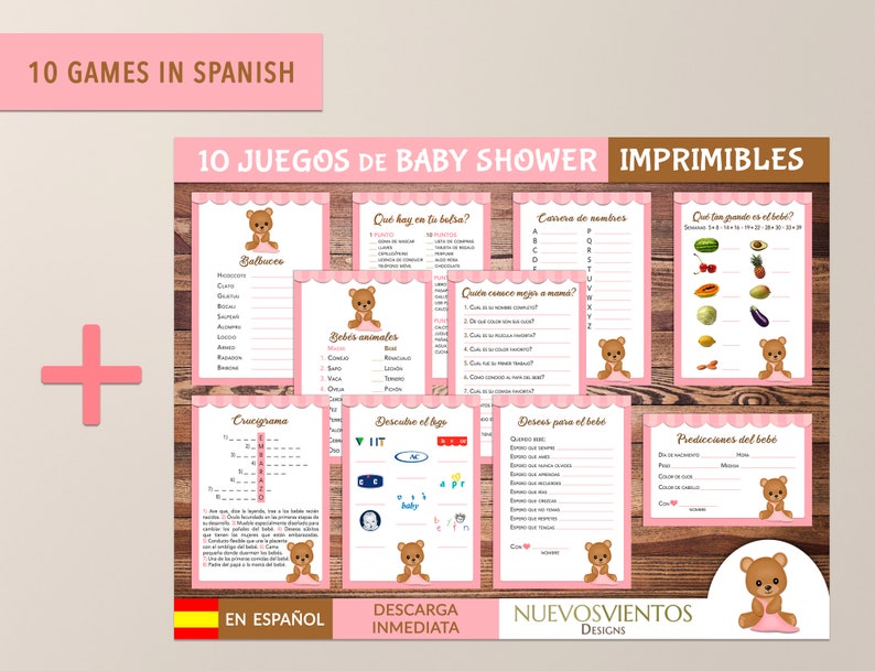 May include: Ten printable baby shower games in Spanish, featuring a pink and brown colour scheme with a teddy bear illustration. The games include "Balbuceo", "Beb&eacute;s animales", "Cracigrama", "Descubre el logo", "Qu&eacute; hay en la bolsa", "Carrera de nombres", "Qui&eacute;n conoce mejor a mam&aacute;", "Qu&eacute; tan grande es el beb&eacute;", "Dresses para el beb&eacute;", and "Predicciones del beb&eacute;".