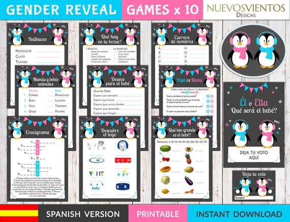 SPANISH Penguin Baby Gender Reveal Games Printable Winter Sex Reveal 