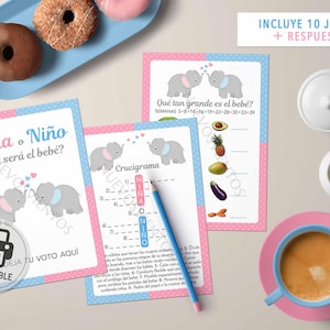 Puede incluir: Cartas de juego de baby shower imprimibles con un esquema de color rosa y azul. Las cartas presentan un crucigrama, un juego de adivinanza del tama&ntilde;o del beb&eacute; y un juego de revelaci&oacute;n de g&eacute;nero con el texto "Ni&ntilde;a o Ni&ntilde;o? Qu&eacute; ser&aacute; el beb&eacute;?" que se traduce como "&iquest;Ni&ntilde;a o ni&ntilde;o? &iquest;Qu&eacute; ser&aacute; el beb&eacute;?" Las cartas tambi&eacute;n incluyen el texto "Incluye 10 juegos + respuestas" que se traduce como "Incluye 10 juegos + respuestas".