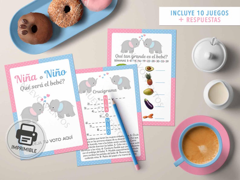 Puede incluir: Cartas de juego de baby shower imprimibles con un esquema de color rosa y azul. Las cartas presentan un crucigrama, un juego de adivinanza del tama&ntilde;o del beb&eacute; y un juego de revelaci&oacute;n de g&eacute;nero con el texto "Ni&ntilde;a o Ni&ntilde;o? Qu&eacute; ser&aacute; el beb&eacute;?" que se traduce como "&iquest;Ni&ntilde;a o ni&ntilde;o? &iquest;Qu&eacute; ser&aacute; el beb&eacute;?" Las cartas tambi&eacute;n incluyen el texto "Incluye 10 juegos + respuestas" que se traduce como "Incluye 10 juegos + respuestas".