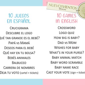 Peut inclure: Un graphique rose et bleu avec le texte "10 Juegos en Espa&ntilde;ol" et "10 Games in English" en blanc. Le graphique liste 10 jeux en espagnol et en anglais pour une f&ecirc;te pr&eacute;natale ou une f&ecirc;te.