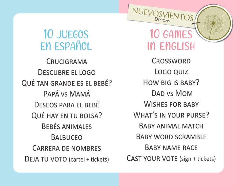 Peut inclure: Un graphique rose et bleu avec le texte "10 Juegos en Espa&ntilde;ol" et "10 Games in English" en blanc. Le graphique liste 10 jeux en espagnol et en anglais pour une f&ecirc;te pr&eacute;natale ou une f&ecirc;te.