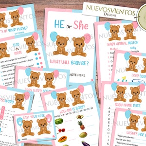 Peut inclure: Un ensemble de jeux de baby shower imprimables mettant en sc&egrave;ne des ours en peluche avec des ballons bleus et roses. Les jeux comprennent "What's in your purse?", "He or She", "Baby Animal Match", "Baby Word Scramble", "Crossword", "Cast Your Vote", "How Big is Baby?", "Baby Name Race", et "Wishes for Baby".