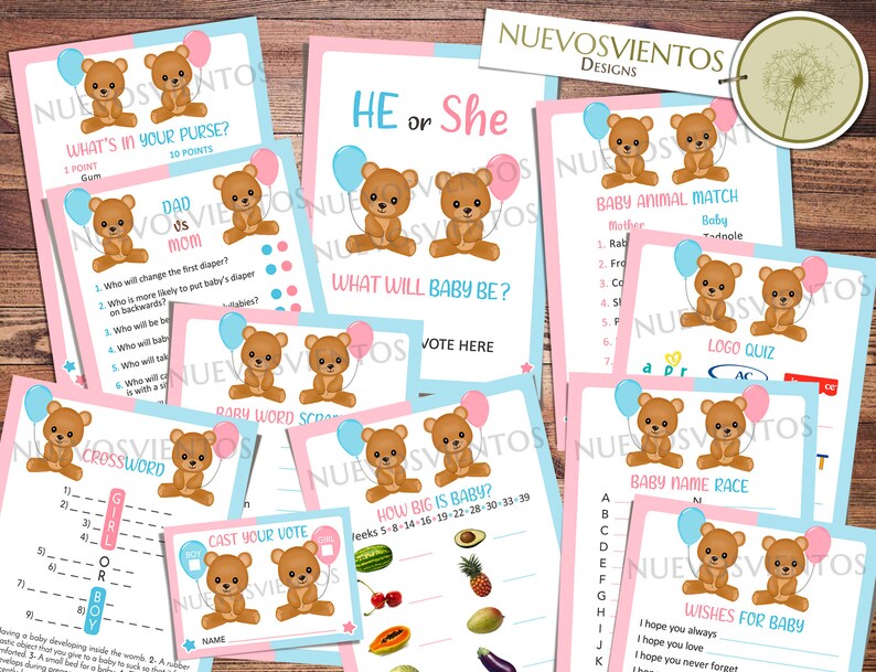 Peut inclure: Un ensemble de jeux de baby shower imprimables mettant en sc&egrave;ne des ours en peluche avec des ballons bleus et roses. Les jeux comprennent "What's in your purse?", "He or She", "Baby Animal Match", "Baby Word Scramble", "Crossword", "Cast Your Vote", "How Big is Baby?", "Baby Name Race", et "Wishes for Baby".