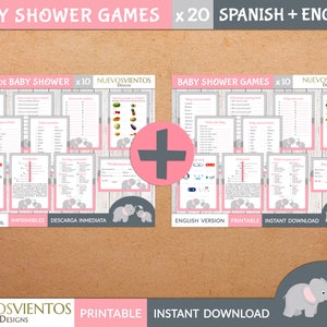 Juegos bilingües de elefantes para baby shower: español e inglés (descarga digital)