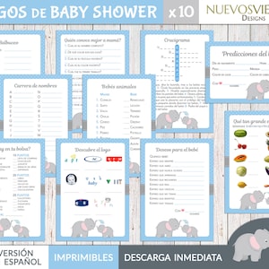 10 Juegos imprimibles en español para baby shower de elefantes.