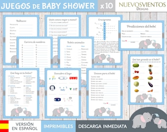 10 gier do wydrukowania w języku hiszpańskim na baby shower z motywem słonia.