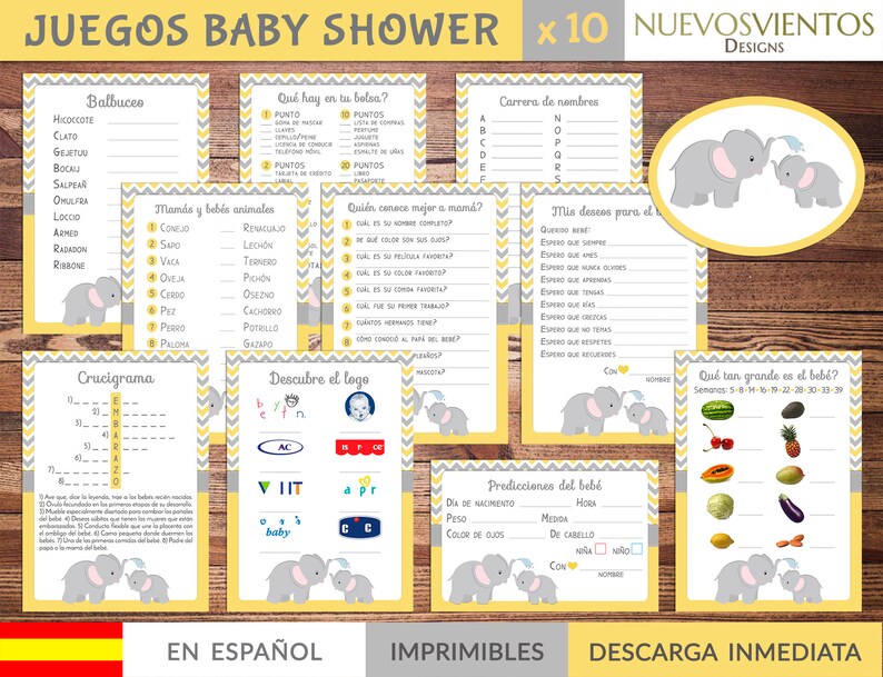Spanish Baby Shower Games Printable Elephant Theme Instant Etsy