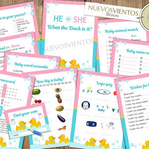 May include: A set of printable baby shower game cards featuring a pink and blue color scheme with rubber duck illustrations. The games include "What's in your purse?", "Dad vs Mom", "Baby Word Scramble", "Crossword", "How Big is Baby?", "Cast Your Vote", "He or She What the Duck is it?", "Baby Animal Match", "Baby Name Race", "Logo Quiz", and "Wishes for Baby".