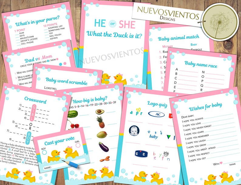 May include: A set of printable baby shower game cards featuring a pink and blue color scheme with rubber duck illustrations. The games include "What's in your purse?", "Dad vs Mom", "Baby Word Scramble", "Crossword", "How Big is Baby?", "Cast Your Vote", "He or She What the Duck is it?", "Baby Animal Match", "Baby Name Race", "Logo Quiz", and "Wishes for Baby".