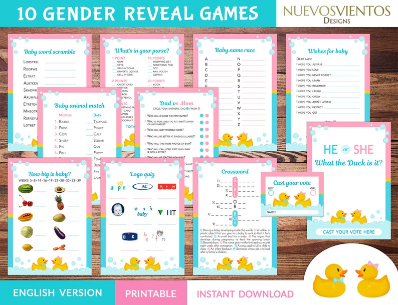 May include: A set of 10 printable gender reveal games featuring a pink and blue color scheme with rubber duck illustrations. The games include: Baby Word Scramble, What's in Your Purse?, Baby Name Race, Wishes for Baby, Baby Animal Match, Dad vs Mom, How Big is Baby?, Logo Quiz, Crossword, and Cast Your Vote. The games are designed for a gender reveal party.