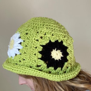Handmade Lime Black + White Daisy Crochet Bucket Hat