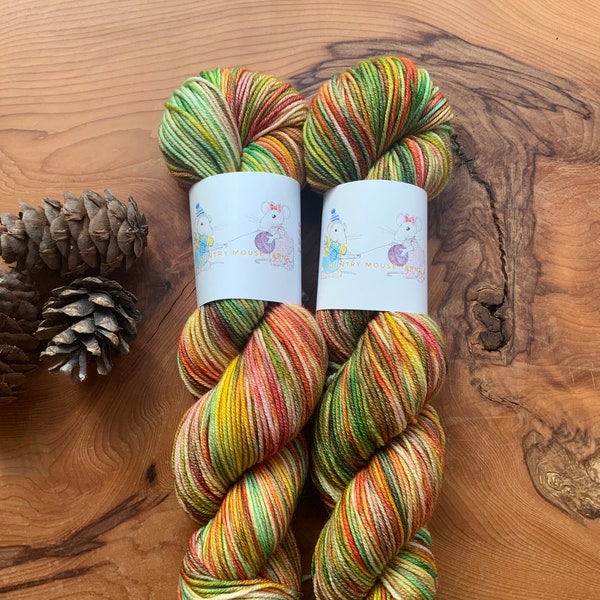 Apple Orchards 100g Hand Dyed Yarn Luxury High Twist Sock or DK Pure Merino Autumn Fall Green Red Orange Brown Gold