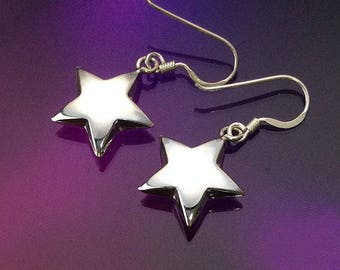 925 Solid Sterling Silver STAR Earrings-Star Dangle Earrings-Polished