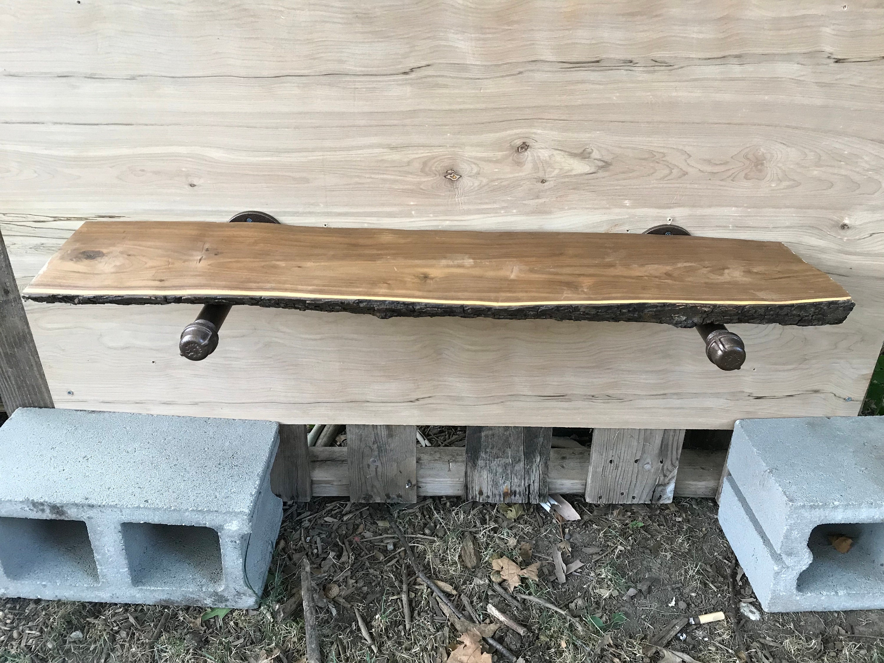 Unique Black WALNUT Live Edge Wall SHELF W/ Industrial 
