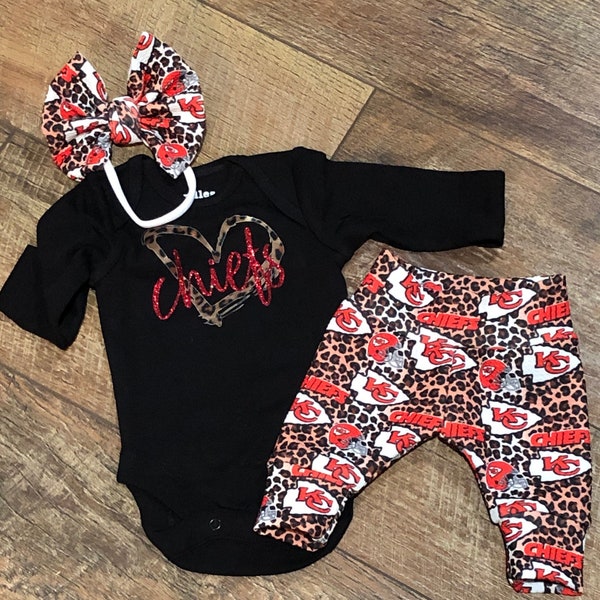 K C C H I E F S Leopard Cheetah Baby Newborn Set Bodysuit Cuffed Leggings Joggers and Onesie Glitter Accents and bow