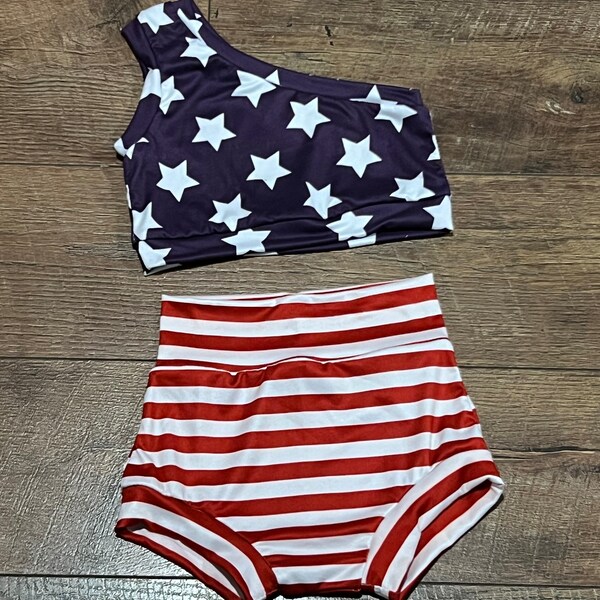 Stars and Stripes 4th of July Baby Girl High Waist Bummies One Shoulder Cropped Tank Outfit Set