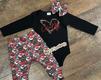 K C C H I E F S Leopard Cheetah Baby Newborn Set Bodysuit Cuffed Leggings Joggers and Onesie Glitter Accents and bow