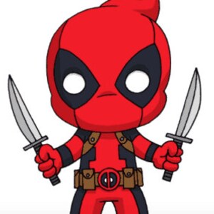 Könnte beinhalten: Eine Comic-Illustration von Deadpool, einem Superhelden, in einem roten und schwarzen Kostüm, der zwei silberne Messer hält. Er trägt eine rote Maske mit weißen Augen und einen schwarzen Gürtel mit einer silbernen Schnalle.