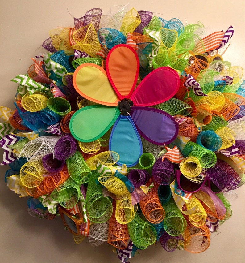 Fun Spring Summer Year Round Curly Bright Deco Mesh Door Wall Wreath