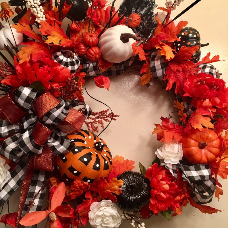 Buffalo Plaid Black And White Orange Checked Fall Wreath Autumn Home Decor Home Decor Home Living Kromasol Com