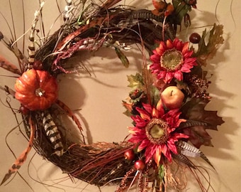 Gorgeous Fall Wreath With Sunflowers and Feathers Door Wreath