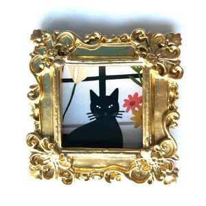 Mini Miniature Tiny Art PRINT of Painting Framed in Vintage Style Golden Ornate Decor Frame Black Cat and Flowers Ready to Hang NOT ACEO