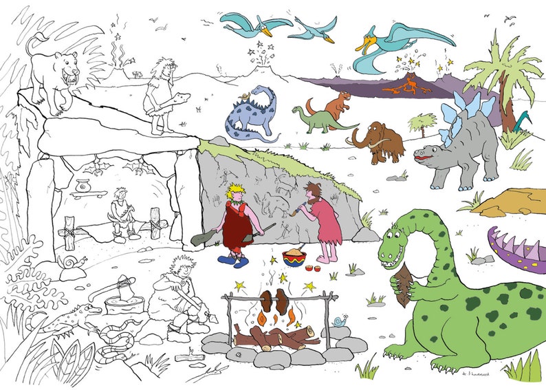 Giant Colouring Poster Dinosaur Cavemen 100 x 70cm image 1