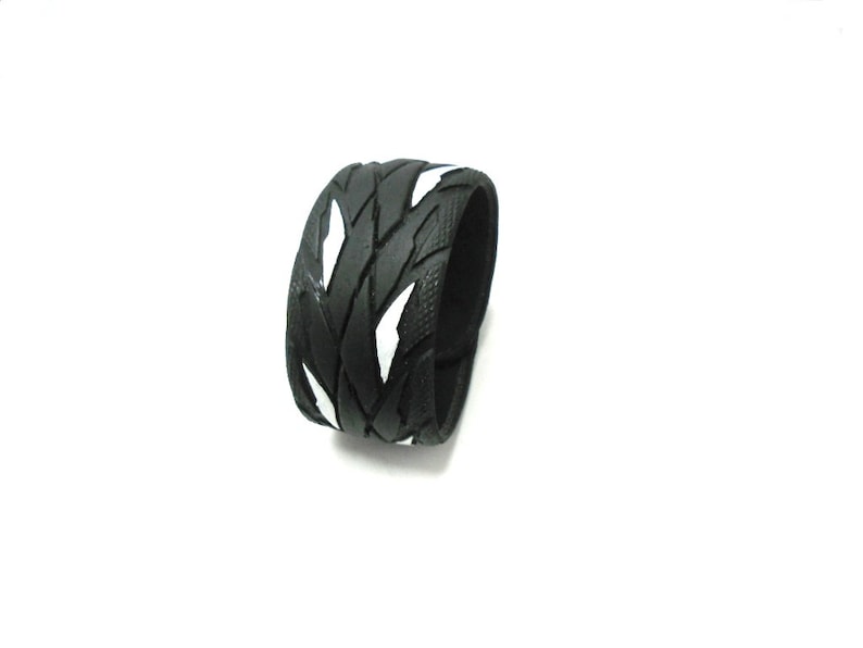 Bracelet made from recycled bicycle tires.