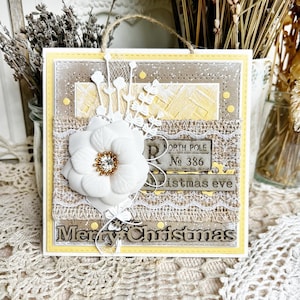 Tarjeta navideña tradicional 3D con arpillera, tarjeta boho minimalista, saludos de temporada de estilo rústico, tarjeta para Navidad con flor de Pascua