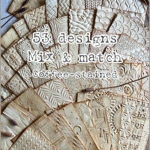 Mix and match 12 designs out of 53 available! Coffee-stained & Ink-distressed 3D Embossed Paper Panels for card making, journal scrapbooking