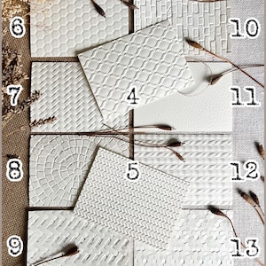 Könnte beinhalten: Eine Sammlung weißer, strukturierter Fliesen mit verschiedenen Mustern, darunter Sechsecke, Mauerwerk und geometrische Designs. Die Fliesen sind auf einem neutralen Hintergrund mit getrockneten floralen Akzenten angeordnet, die eine Reihe von Oberflächenstrukturen zeigen.