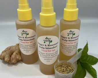 Può includere: Tre bottiglie di vetro ambrato con spruzzini gialli e etichette che recitano "Brina Organics Ginger & Rosemary Scalp Stimulant Prevent Hair Loss" 100% biologico: rosmarino, zenzero, fieno greco, semi neri, olio e conservante (senza parabeni). 120 ml.