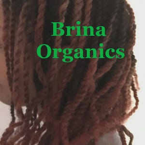 K&ouml;nnte beinhalten: Ein Kopf mit langen, zweistr&auml;ngigen Z&ouml;pfen in einem Farbverlauf von Dunkelbraun bis Rotbraun. Der Text Brina Organics ist in hellgr&uuml;nen Buchstaben &uuml;ber die Mitte des Haares gelegt, das bis &uuml;ber die Schultern reicht.